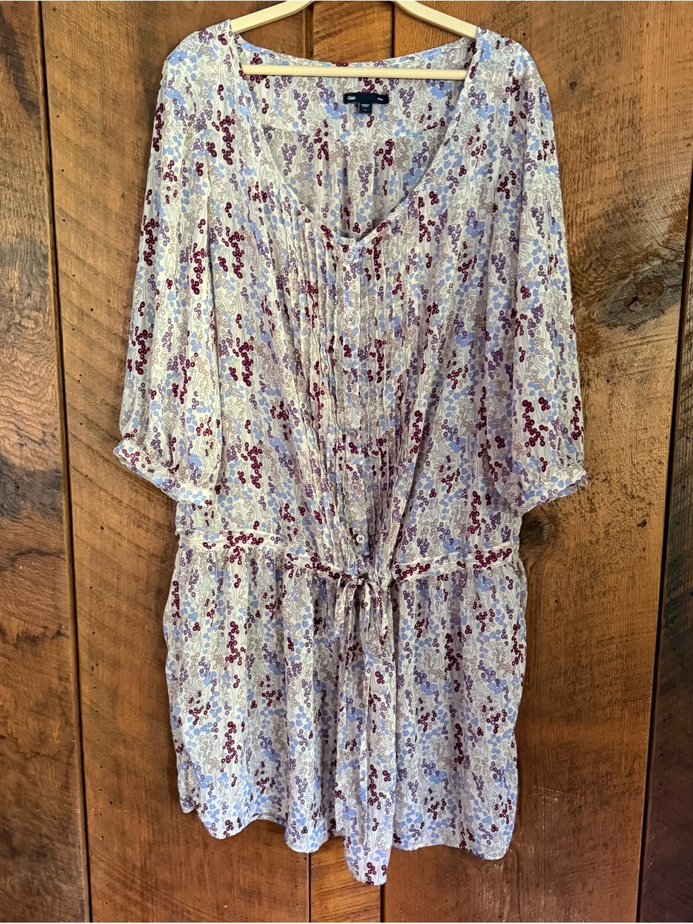 GAP Floral Drop Waist Tunic Mini Dress Pintuck Pleated Boho Cottagecore L